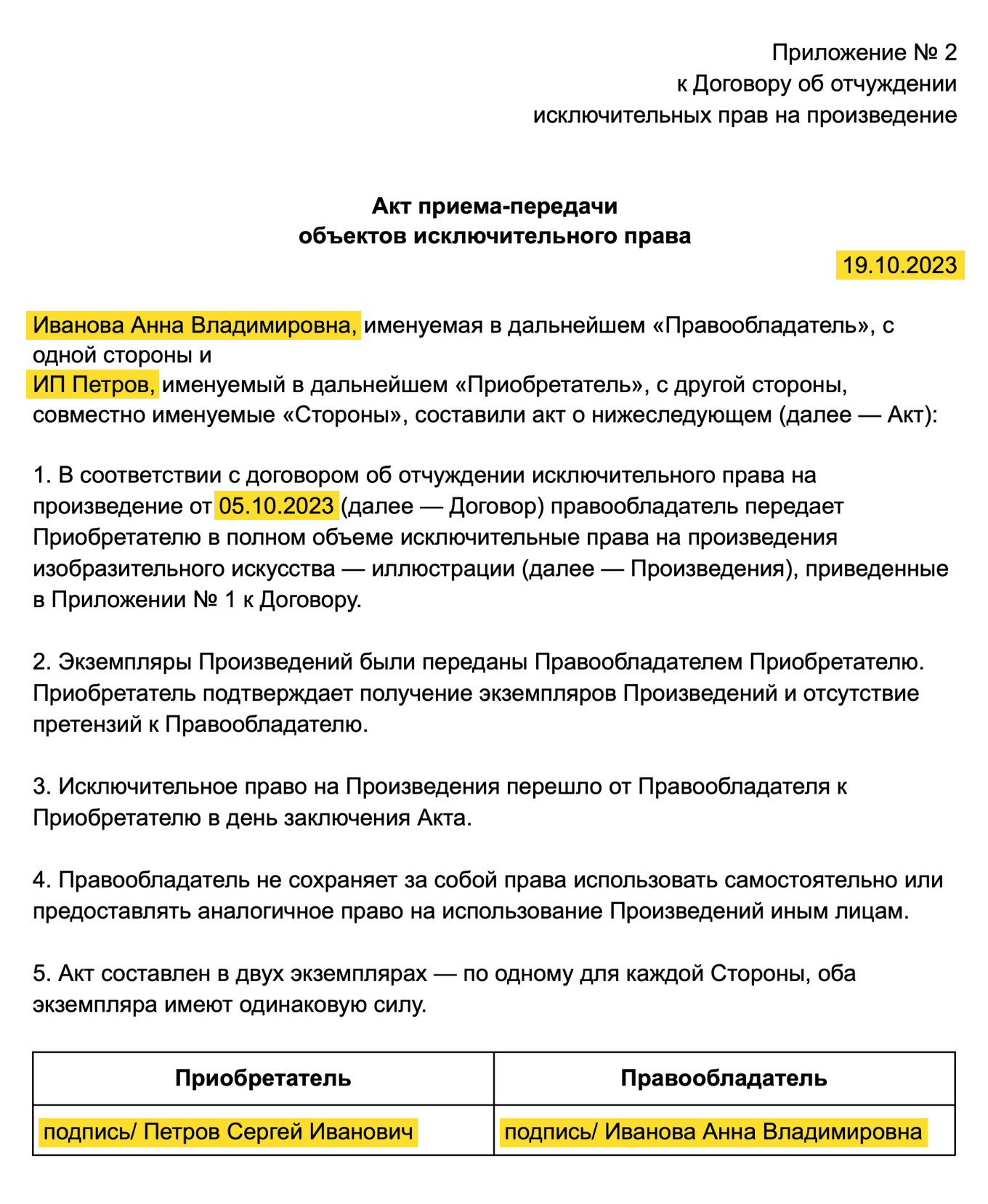 Пример акта приема-передачи исключительных прав на произведение